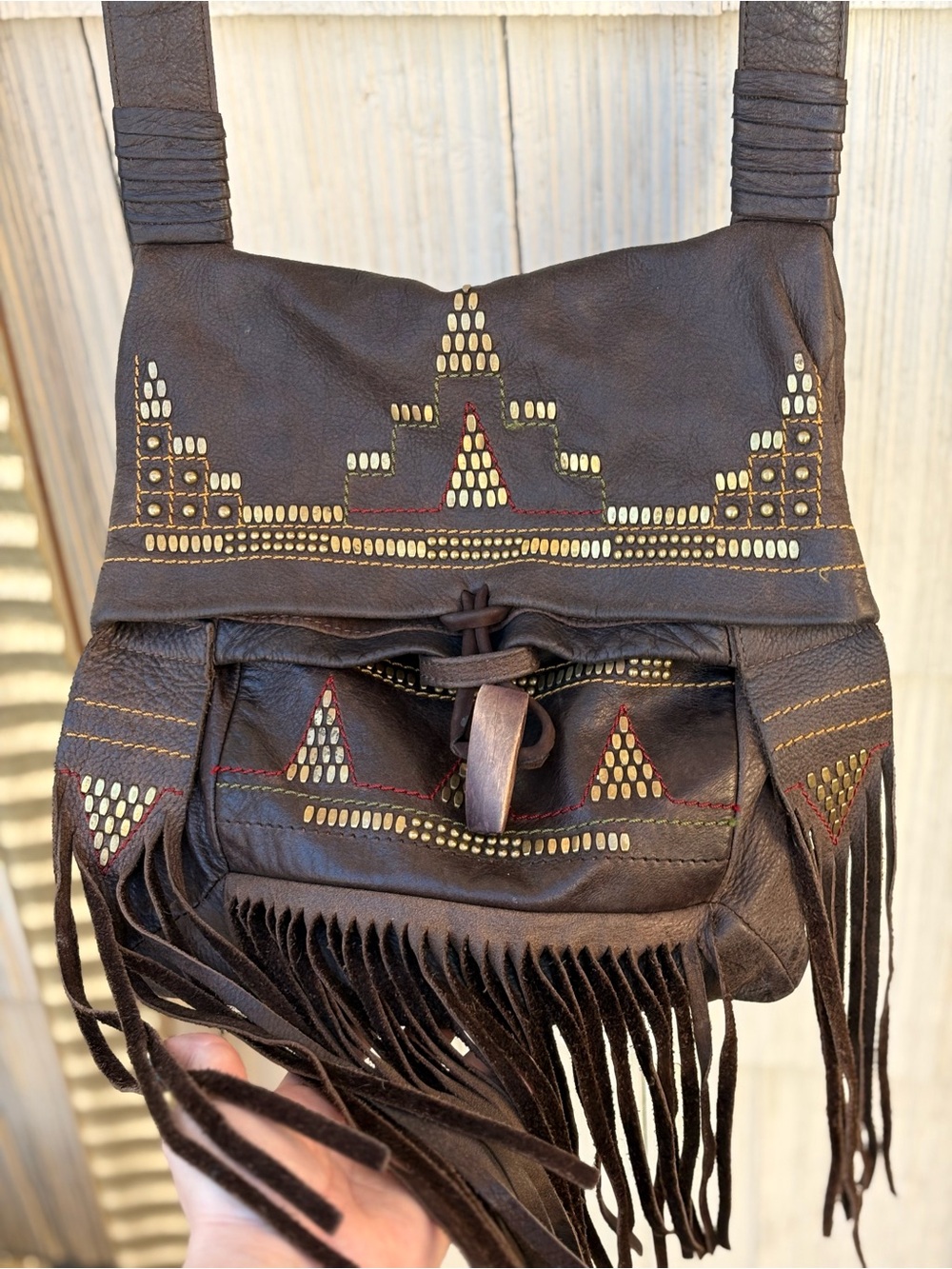 Calleen Cordero Fringe Leather Crossbody Satchel with Studded Geometric Detail